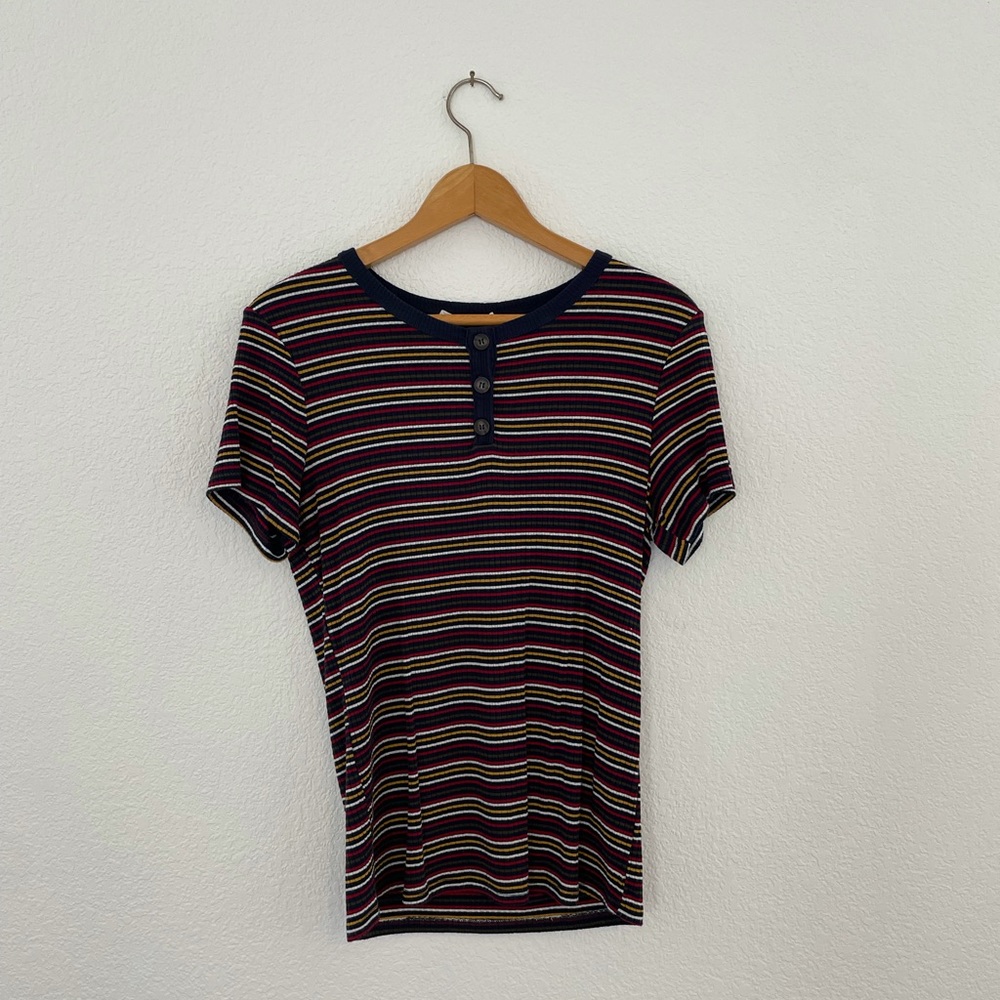 Striped and Ribbed T Shirt with Buttons, Medium